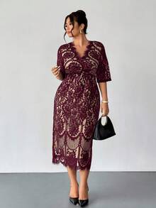 Firerie Plus Size Spring/Autumn Comfortable Casual Elegant Resort Underwire Lace Contrast Lining Stretchy Women Long Sleeve Dress For Office Burgundy/New Year - Burgundy - View 8