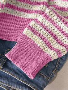 CosyJoli 大码休闲 Polo 领条纹长袖套头衫女式套头衫女式毛衣女式毛衣条纹毛衣 V 领毛衣秋冬 - 粉色 - 查看 4