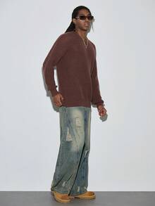 Modcrash 男女皆宜的宽松版型串珠图案休闲学院风套头毛衣，圆领，长袖落肩设计，简约风格，秋冬季保暖。 - 棕色 - 查看 5