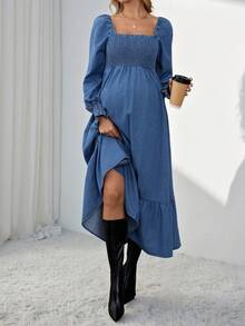 SHEIN 孕妇装 秋季 秋季 冬季 万圣节 圣诞节 新年 感恩节 通勤 度假 Y2k 可爱生日装 机场装 派对 方领插肩袖荷叶边下摆时尚牛仔连衣裙 别致女式长袖牛仔孕妇装，搭配方领褶皱紧身胸衣和荷叶边装饰 - 藍色 - 查看 4