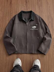 Manfinity Unisex 标准尺码男士时尚刺绣拼接长袖外套，适合秋季、冬季及情侣穿着 - 灰色 - 查看 2