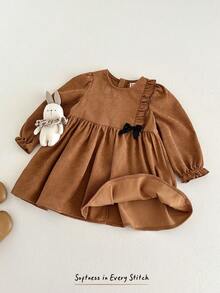 Cozy Pixies Baby Girl Textured Bow Decor Round Neck Long Sleeve Waist Cinched Dress - Brown - View 7
