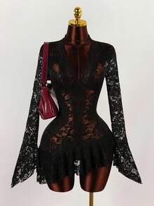 Amplova 夏季嬉皮风格女士透明低胸迷你连衣裙 - 黑色 - 查看 9