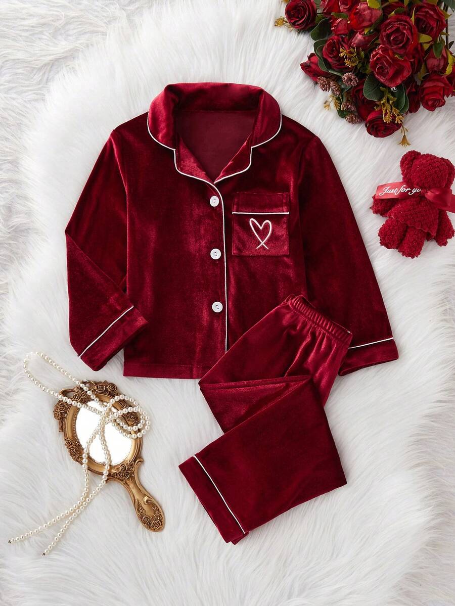 SHEIN Girls Pajamas, Soft Korean Fleece Fabric With Pocket & Heart Embroidery, Long Sleeve Top And Pants 2 Pieces Sleepwear Set Red Pj Set - Red - View 1