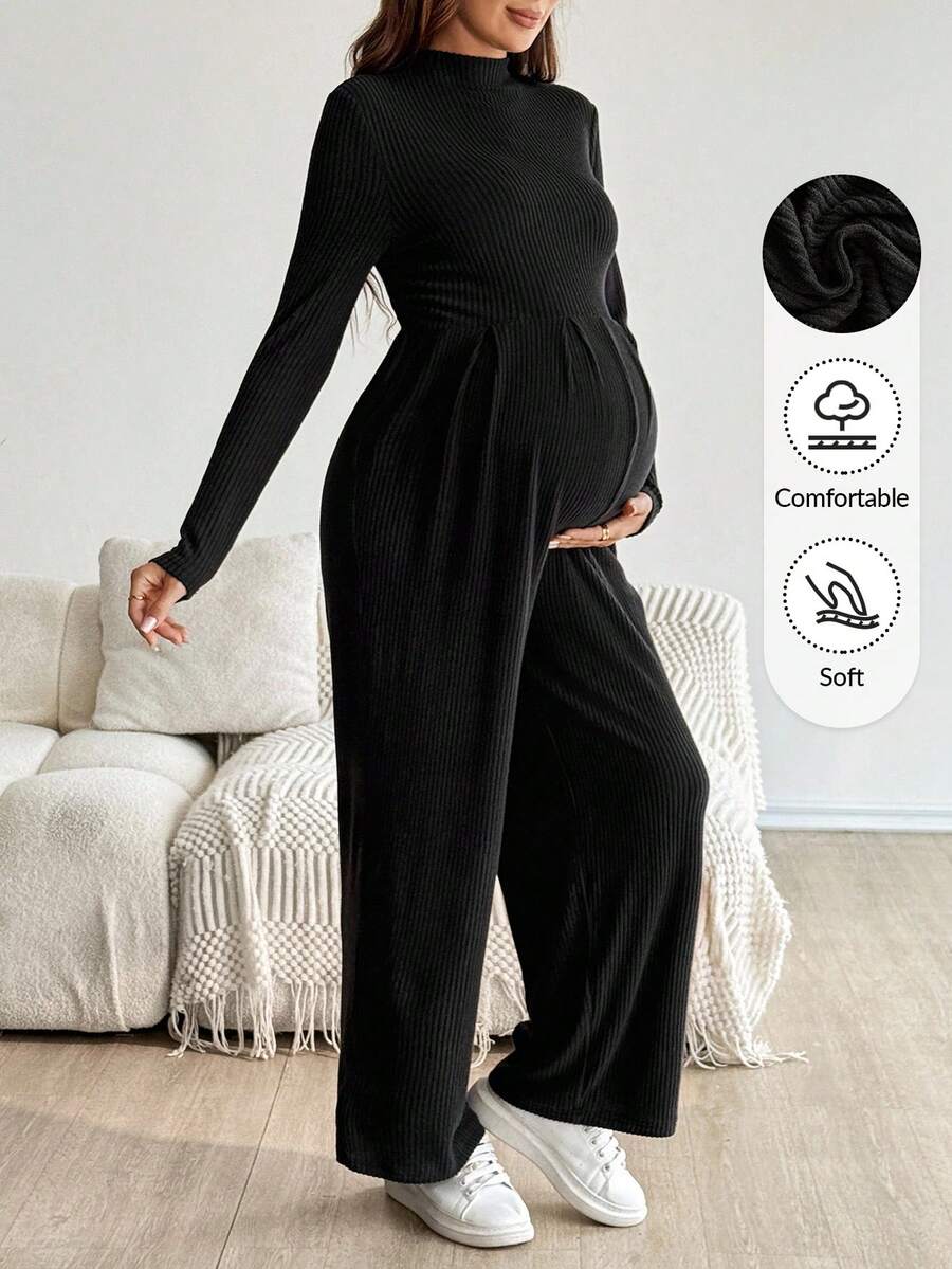 SHEIN Bộ đồ liền thân ống rộng cổ đứng đơn giản màu trơn dành cho bà bầu, mặc hàng ngày, đi làm, mùa thu - màu đen - Xem 1