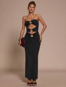 SHEIN BAE 女士优雅金属花朵装饰露肩连衣裙，夏季 - 黑色 - 查看 3