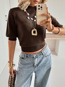 Siren Gaze 女式纯色简约休闲高领短袖毛衣 - 棕色 - 查看 4