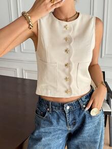 Serisse 女式时尚优雅无袖衬衫，配有海星形纽扣和口袋 - 白色 - 查看 6