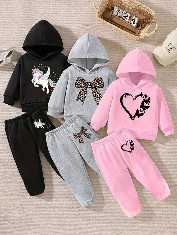 3sets Baby Girls Casual Fashionable Heart, Cartoon Pony, Unicorn, Leopard Print, Bow Decor Fleece Hoodie And Pants 2-Piece Sets, Autumn/Winter