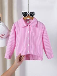 SHEIN 1 件女童翻领长袖纽扣条纹衬衫，正面绣有图案，秋季休闲上衣 - 粉色 - 查看 5