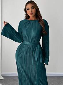 Maweii 加大码纯色圆领长袖系腰简约休闲连衣裙长款女装 - 水鴨藍 - 查看 2