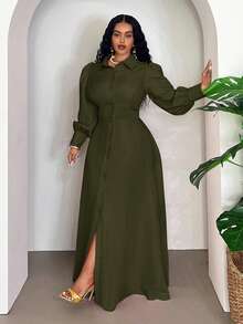 Veslaya 優雅軍綠色女款大尺碼 Najma 秋季洋裝，燈籠袖長版生日禮服，橄欖綠秋冬新款服飾 - 軍綠色 - 查看 5