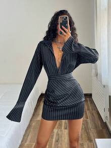 StreetHx Streetwear Women's Punk Black & White Striped Fitted Long Sleeve Dress, Autumn/Winter