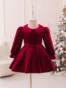 SHEIN Glamorique Kids Baby Girl Korean Velvet Peter Pan Collar Dress, Christmas Fashionable Minimalist Red Short Long Sleeve Dress - Burgundy - View 3