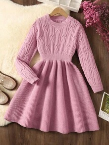 SHEIN Serisse Kids Tween Girl Fashionable Cable Knit Jacquard Crew Neck Casual Waist Cinched Long Sleeve Sweater Dress, Girls Pink Dress,  Girls Knitted Dress, Girls Midi Dress With Sleeves, Long Sleeve Midi Dress, Tween Midi Dress