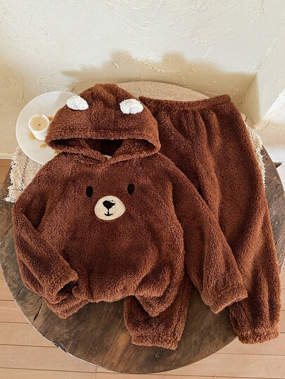 LMoss Kids 2 piezas/Set Conjunto de sudadera con capucha de peluche bordada y pantalones de punto para niño pequeño, Conjunto de 2 piezas marrón para niño, Conjunto de ropa de niño para otoño e invierno, Conjunto de 2 piezas con diseño de oso marrón, Estilos cómodos de otoño e invierno, Ropa de invierno, Estilos acogedores de otoño e invierno, Parte superior de manga larga, Sudadera con capucha