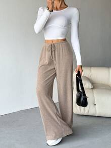 SHEIN Tall 女式罗纹拉绒阔腿裤，适合秋冬季 - 卡其色 - 查看 7