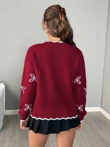 Easowa Women's V-Neck Drop Shoulder Long Sleeve Casual Bowknot Pattern Jacquard Knit Pullover Sweater,Burgundy,Autumn,School,Back-To-School Ugly Christmas - Multicolor - View 5