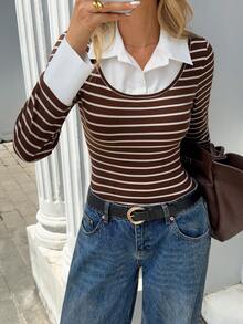 Chiquease [Herbst Neuankunft: Eleganter Preppy - Stil 2 in 1] Retro Braun - Weiß Fein - Gestreiftes Slim - Passform Gestricktes T - Shirt, mit weißem Hemdkragen & Manschetten, ein sanfter und schicker Slim - Passform Langarm Layering Top - Kaffeebraun - Übersicht 4