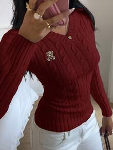 SHEIN EZwear 女士休闲通勤刺绣图案粗针织修身毛衣，秋冬 - 酒紅色 - 查看 7
