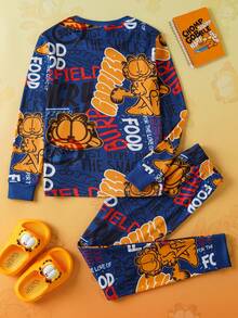 GARFIELD | SHEIN 青少年男孩涂鸦英文图案印花弹力圆领贴身运动衫和裤子睡衣套装，秋冬 - 藍色 - 查看 2