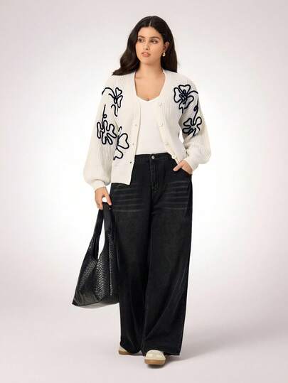SHEIN LUNE Plus Size Women Colorblock Floral Casual Knit Cardigan