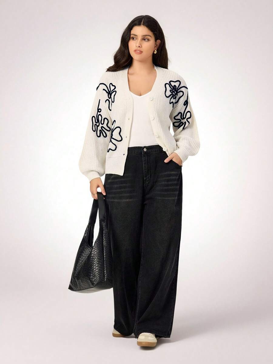 SHEIN LUNE Plus Size Women Colorblock Floral Casual Knit Cardigan - Apricot - View 1