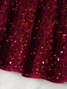 Maija Kids Young Girl Classic Fashion Versatile Party & Casual Elegant Minimalist Sequin Round Neck Petal Sleeve Design Shiny Sophisticated Graceful Dress, Suitable For Christmas - Rose Red - View 7