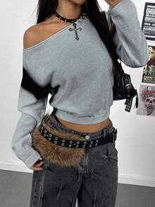 StreetHx New Contrast Color Graffiti Oblique Shoulder Casual Loose Sweater - Grey - View 3