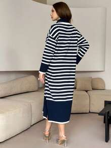 Lacomfia Plus Size Casual Colorblock Striped Knit Dress, Autumn/Winter