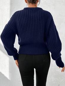 EURMUSE Autumn/Winter Casual Versatile Solid Color Drop Shoulder Sweater - Navy Blue - View 2