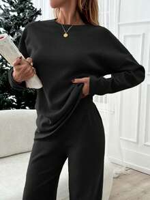EURMUSE Women Beige Wide Leg And Top Two Pieces - Black - View 3