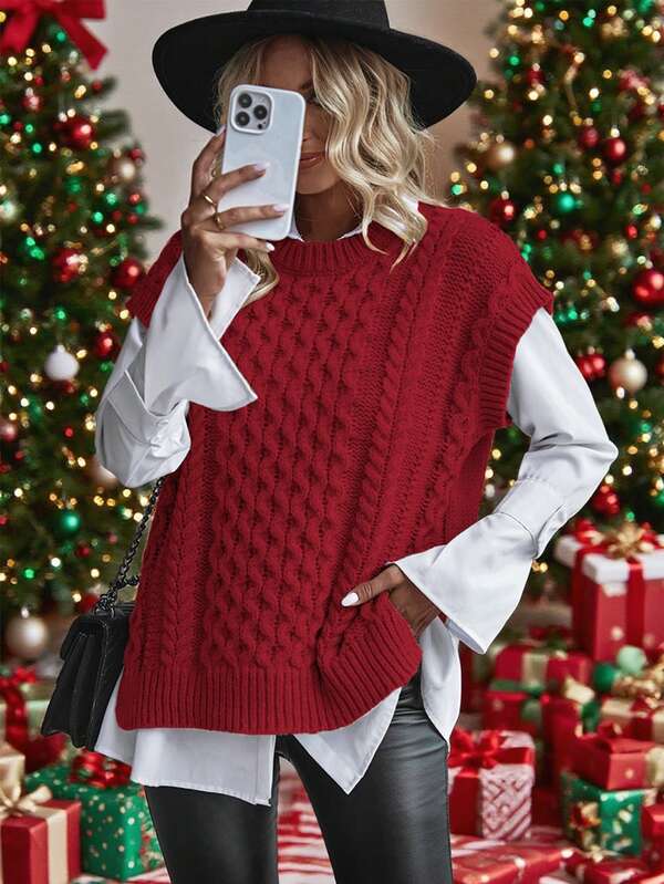 EMERY ROSE Chaleco de punto holgado de cuello redondo de unicolor para mujer, informal y casual, para otoño/invierno y ropa de Año Nuevo