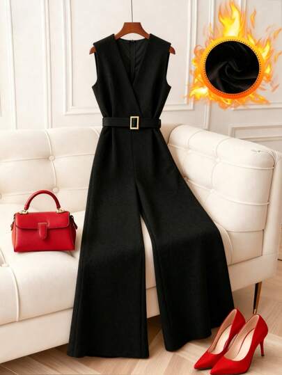 Franclia 黑色无袖深V领束腰阔腿连体裤/时尚优雅系带收腰/加长腿连体裤，羊毛，直筒裤