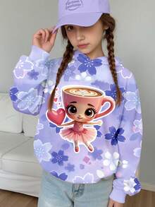 女童休闲时尚创意卡通杯子和芭蕾女孩爱心图案印花连帽卫衣，百搭秋冬 - 彩色 - 查看 1