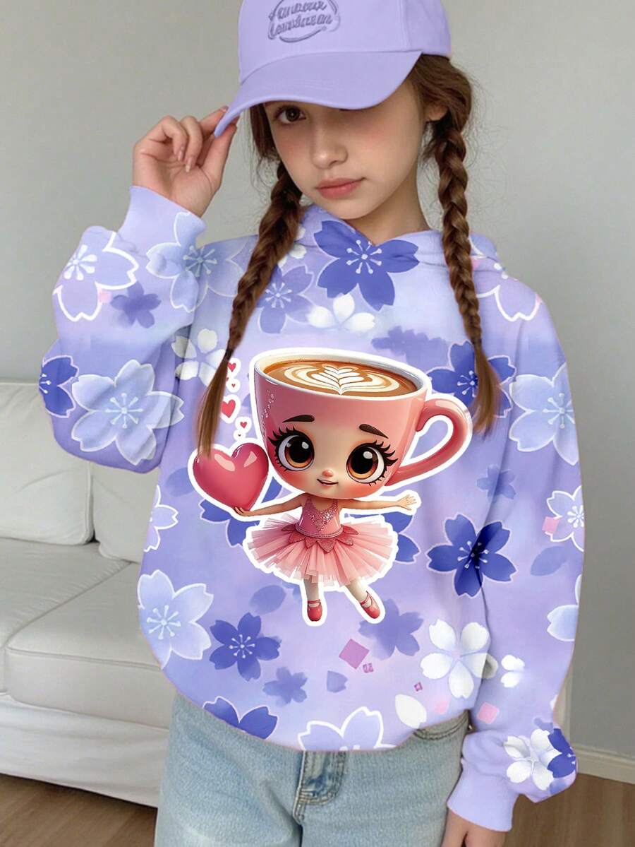 女童休闲时尚创意卡通杯子和芭蕾女孩爱心图案印花连帽卫衣，百搭秋冬 - 彩色 - 查看 1
