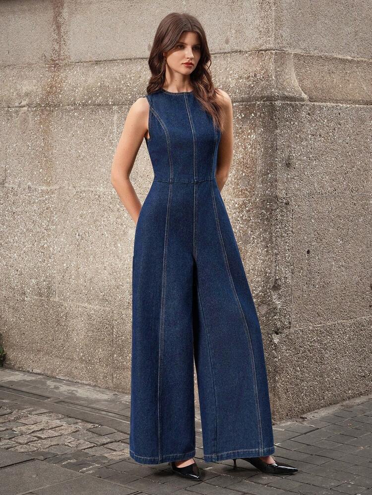 Selenza Mono vaquero de pierna ancha y espalda descubierta de moda y sexy para mujer - Azul - Añade 6