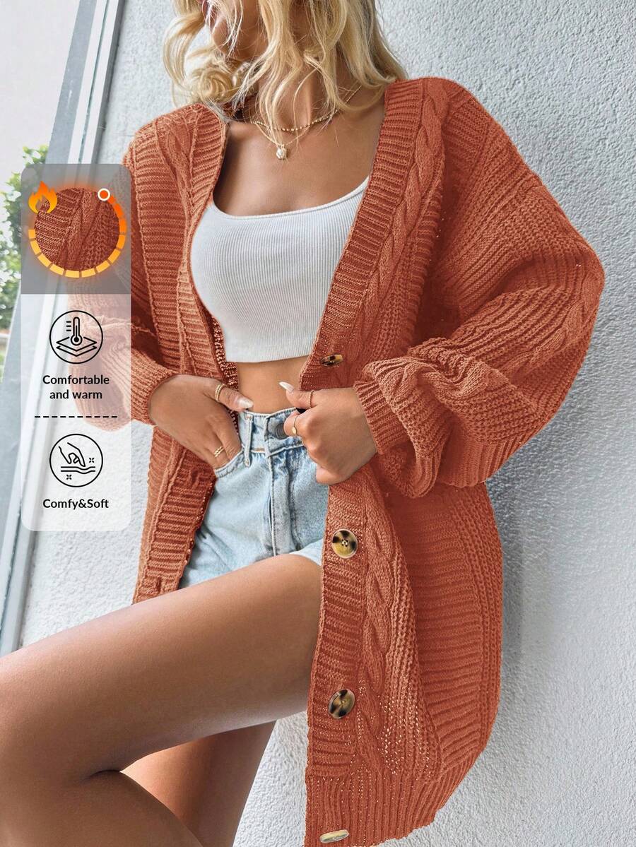 SHEIN Cottnline Women Solid Color Drop Shoulder Long Sleeve Single Button Casual Cardigan, For Autumn/Winter - Burnt Orange - View 1