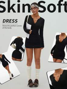 Dewbera Women's Black Autumn Basic Sexsy Party Ruched Bodycon Crew Neck Long Sleeve Athletic Sports Mini Dress,Casual Skin Soft Dresses For Women - Black - View 1