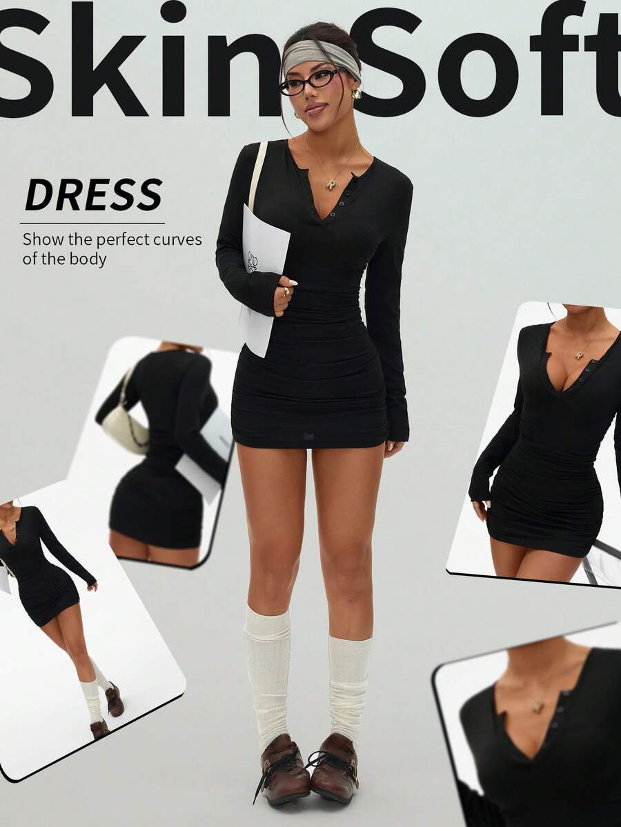 Dewbera Women's Black Autumn Basic Sexsy Party Ruched Bodycon Crew Neck Long Sleeve Athletic Sports Mini Dress,Casual Skin Soft Dresses For Women - Black - View 1