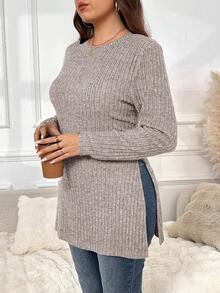 SHEIN Frenchy 大码开叉下摆纯色圆领休闲针织长袖T恤 - 駝色 - 查看 6