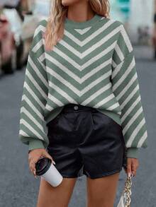 SHEIN LUNE Suéter casual de mujer con bloques de color y rayas, otoño/invierno - Verde Oscuro - Ver 3