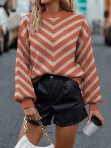 SHEIN LUNE 女士休闲日常通勤拼色锯齿形图案落肩宽松灯笼袖毛衣，秋冬 - 橘色 - 查看 4