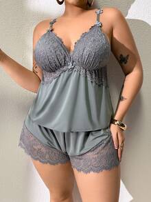 SHEIN 大码蕾丝拼布弹力针织性感露背吊带背心和短裤睡衣套装 - 灰色 - 查看 3