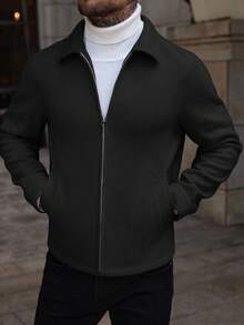Manfinity Homme Men's Casual Solid Color Zip-Up Collar Long Sleeve Overcoat - Black - View 5