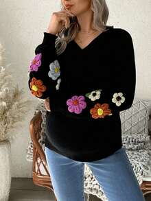SHEIN Pregnant Women's Fashion Casual 3D Floral V-Neck Long Sleeve Sweater - Black - View 3
