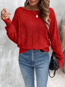 EMERY ROSE Women's Casual Solid Color Crew Neck Long Sleeve Sweater - Red - View 4