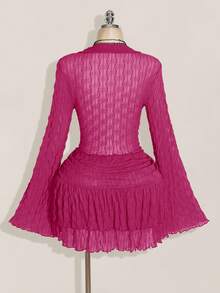 SHEIN ICON PLUS 生菜边不对称下摆透视上衣（不含胸罩）加大码，双层蛋糕裙两件套，适合秋季 - 玫紅色 - 查看 2