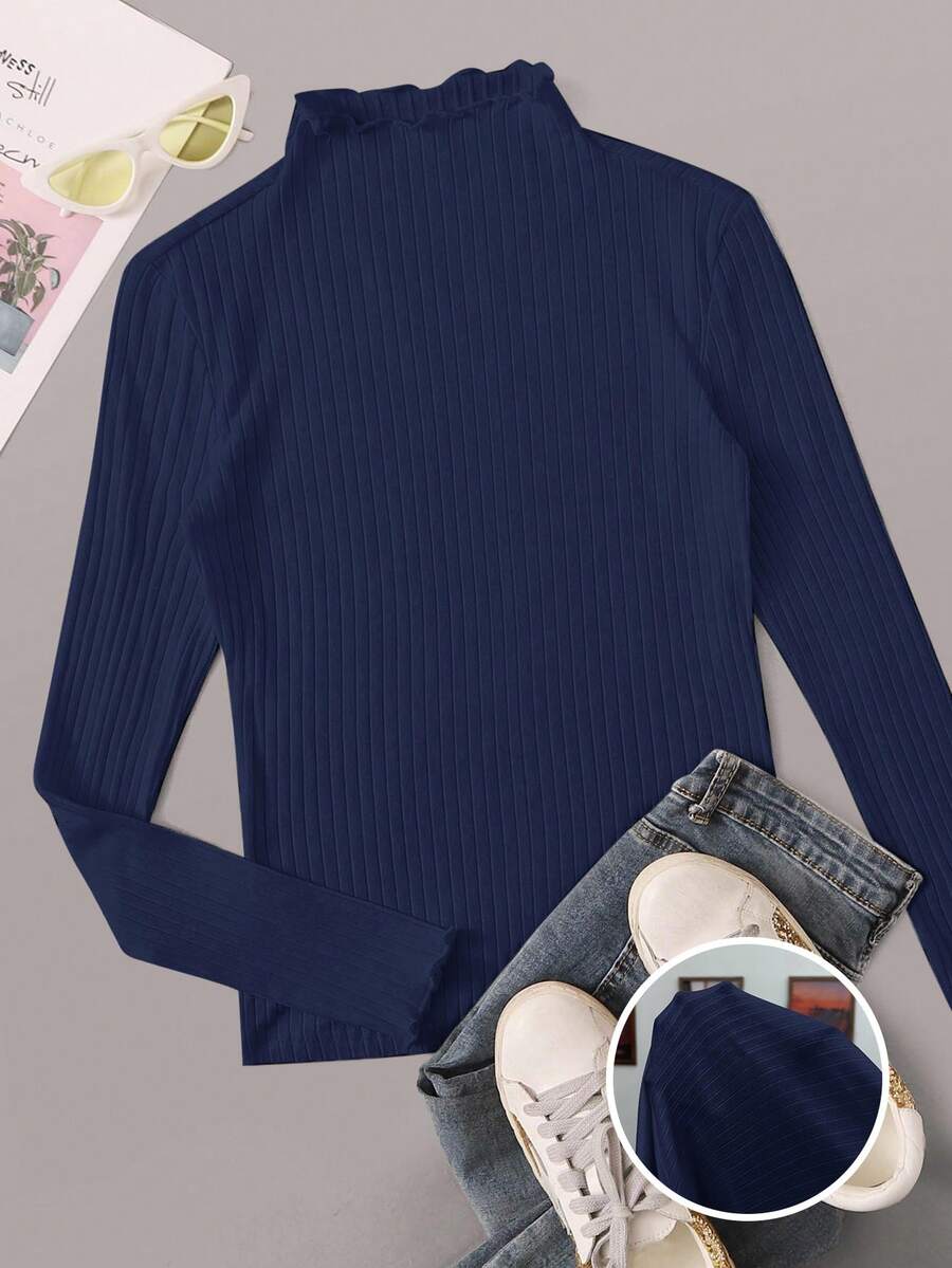 SHEIN EZwear Navy Blue Ribbed Knit Stand Collar Long Sleeve Fitted Casual T-Shirt, Plus Size/Fall/Winter