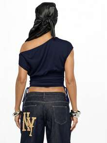 SUMWON Plus Size Off Shoulder Printed Letter Top With Ruched Side Details For Casual Streetwear - Navy Blue - View 2